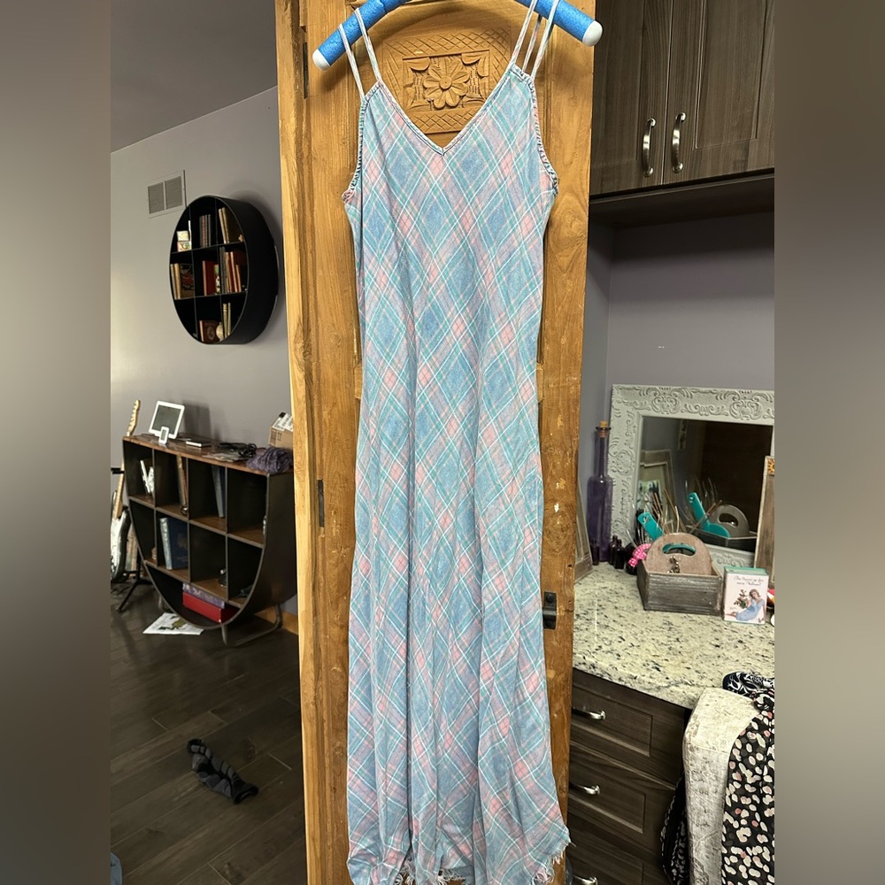 Boho maxi spaghetti strap sundress asymmetrical high low hem blue plaid small